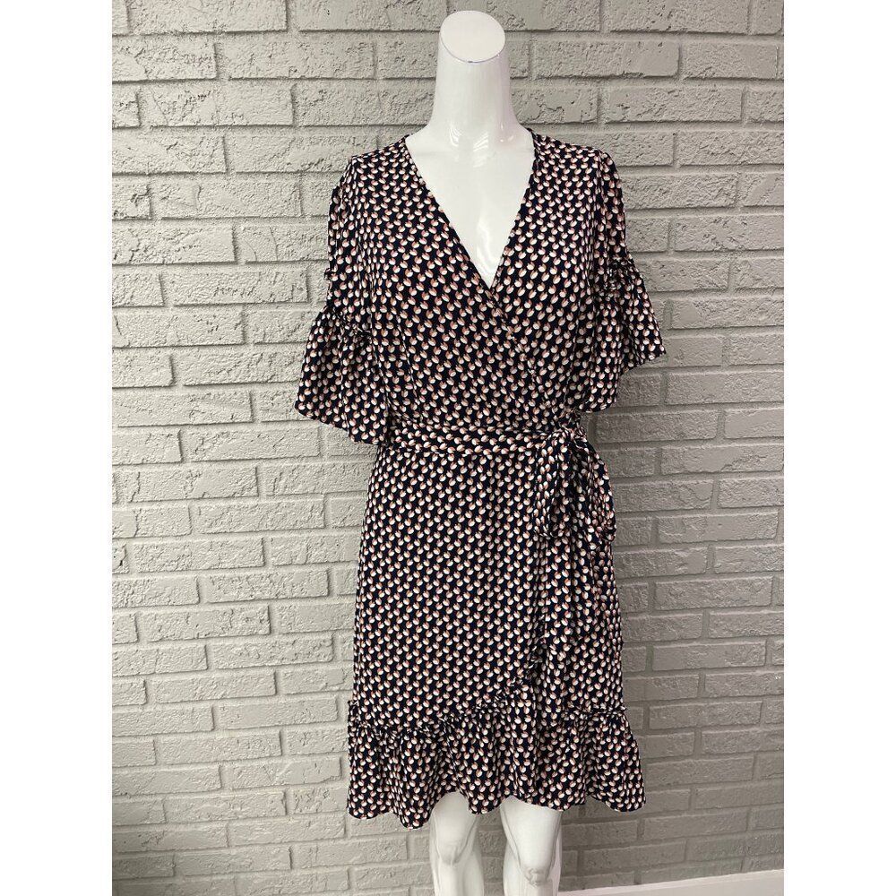 Max Studio Women Multicolored Tulip Motif Ruffle Sleeve Wrap Dress Size M